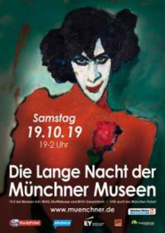 Das Plakat zeigt das Gemälde Bildnis des Tänzers Alexander Sacharoff (The Dancer) von Alexej von Jawlensky aus dem Jahr 1909 und ist ein Werbeplakat für "Die Lange Nacht der Münchner Museen" im Jahr 2019